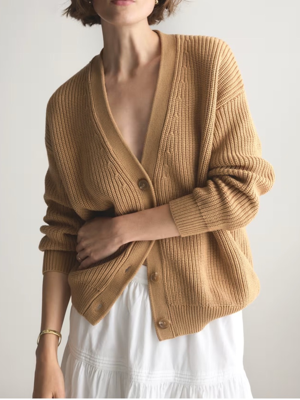 Quince Camel Ribbed V‑Neck Button Cardigan